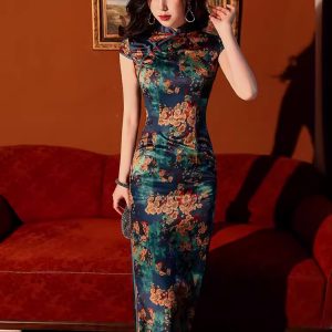 Elegant traditional Chinese dress Classic Jacquard Flower Surface Chinese Cheongsam Ball Gowns Long Evening Dresses mandarin collar