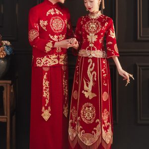 Men Women Chinese wedding dress, traditional Chinese dress,Couple style Embroidered Qun Kwa, Bridal dress, tea ceremony, mandarin collar