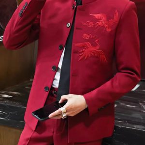 Chinese Men Outfits,Chinese Wedding Suit Men, Tang Suit men, Men suit wedding, Chinese Suit with Phoenix, Tang Jacket with trousers, 4color
