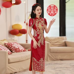 Sequins Bridal dress,Bridal gown,Chinese wedding dress, Red Cheongsam dress, embroidered Wedding Dress,Red Qipao Dress