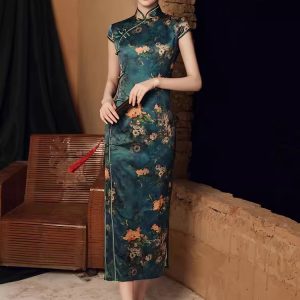Traditional Chinese dress |modern cheongsam dress |short qipao skirt |green, embroidery, short sleeves, collar, tea ceremony |gift for women