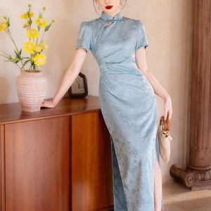 Sky Blue Classic Jacquard Flower Full Length Modern Qipao Cheongsam for Women