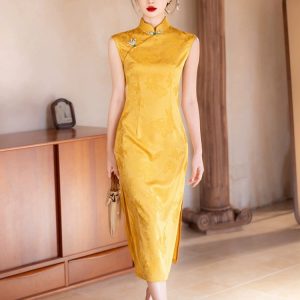 Retro New Chinese Gold Cheongsam 2025 New Yellow Bridal Wedding Certificate Engagement Morning Robe Dress